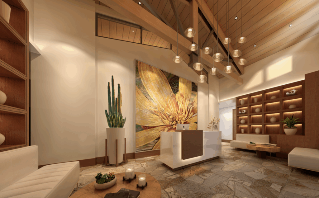Gallery-style space with contemporary decor and cactus artwork.